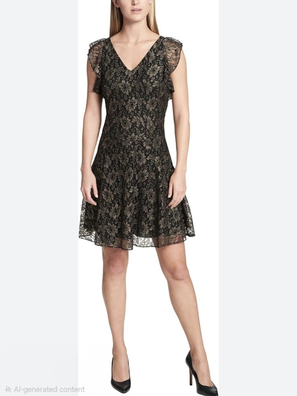 Tommy Hilfiger metallic lace fit & flare dress feElegant Black Lace V-Neck Dress